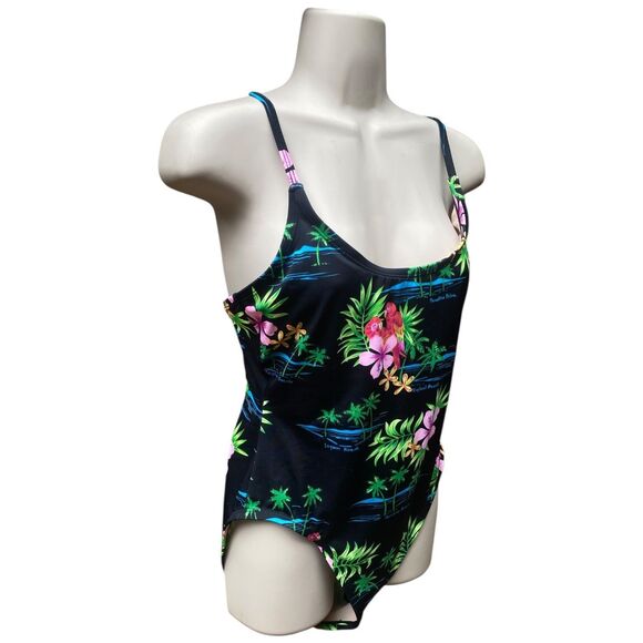 Vintage Paradise Beach Tropical Swimsuit M One Piece Parrots Hibiscus Palm - Picture 3 of 10